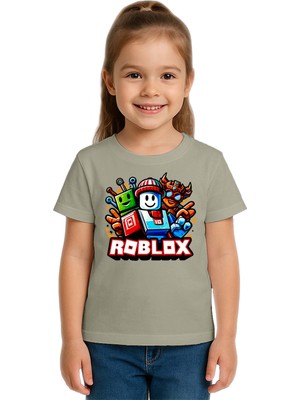 Sedirli Unisex Roblox Baskılı Çocuk Tişört Pamuklu Penye Kumaş