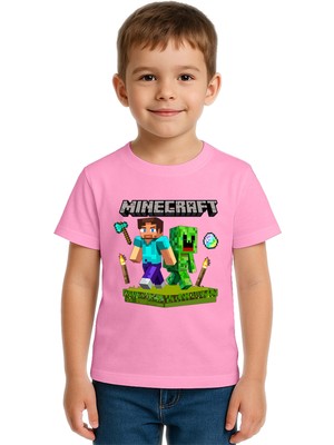 Sedirli Unisex Mınecraft Baskılı Çocuk Tişört Pamuklu Penye Kumaş