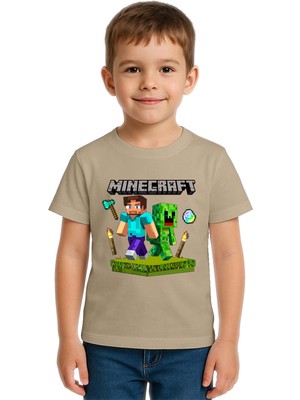 Sedirli Unisex Mınecraft Baskılı Çocuk Tişört Pamuklu Penye Kumaş