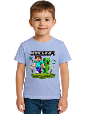 Sedirli Unisex Mınecraft Baskılı Çocuk Tişört Pamuklu Penye Kumaş