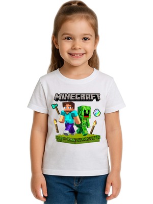 Sedirli Unisex Mınecraft Baskılı Çocuk Tişört Pamuklu Penye Kumaş