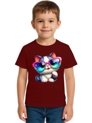 Sedirli Unisex Cat Baskılı Çocuk Tişört Pamuklu Penye Kumaş