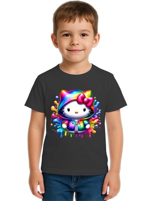 Sedirli Unisex Hello Kity Baskılı Çocuk Tişört Pamuklu Penye Kumaş