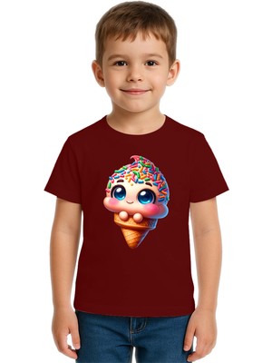 Sedirli Unisex Dondurma Ice Cream Baskılı Çocuk Tişört Pamuklu Penye Kumaş