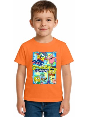 Sedirli Unisex Sungerbob Baskılı Çocuk Tişört Pamuklu Penye Kumaş
