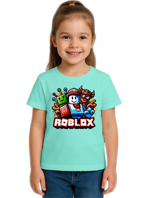 Sedirli Unisex Roblox Baskılı Çocuk Tişört Pamuklu Penye Kumaş
