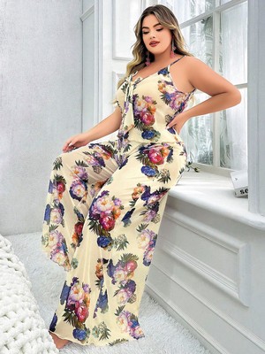 Giyim Özel Tasarım Büyük Beden Çiçek Desenli Ince Askılı 2'li Pijama Takımı Beruflic