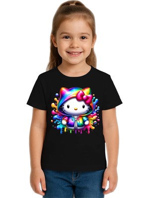 Sedirli Unisex Hello Kity Baskılı Çocuk Tişört Pamuklu Penye Kumaş