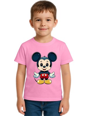 Sedirli Unisex Mıckey Mouse Baskılı Çocuk Tişört Pamuklu Penye Kumaş