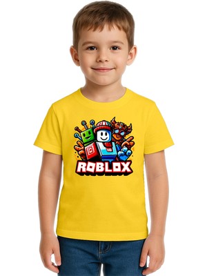 Sedirli Unisex Roblox Baskılı Çocuk Tişört Pamuklu Penye Kumaş