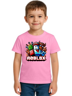 Sedirli Unisex Roblox Baskılı Çocuk Tişört Pamuklu Penye Kumaş