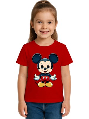 Sedirli Unisex Mıckey Mouse Baskılı Çocuk Tişört Pamuklu Penye Kumaş