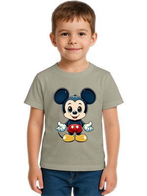 Sedirli Unisex Mıckey Mouse Baskılı Çocuk Tişört Pamuklu Penye Kumaş