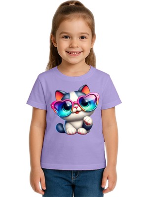 Sedirli Unisex Cat Baskılı Çocuk Tişört Pamuklu Penye Kumaş