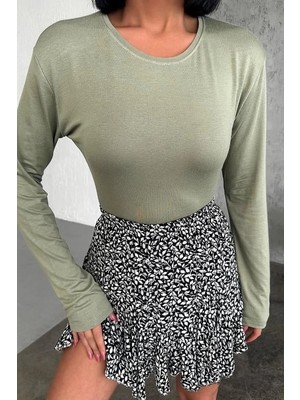 Rahat Uzun Kollu Bisiklet Yaka Likralı Viskon Penye Body Haki