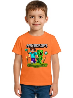 Sedirli Unisex Mınecraft Baskılı Çocuk Tişört Pamuklu Penye Kumaş