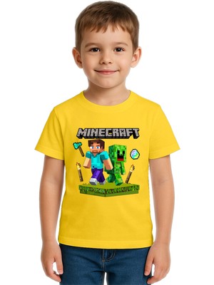 Sedirli Unisex Mınecraft Baskılı Çocuk Tişört Pamuklu Penye Kumaş
