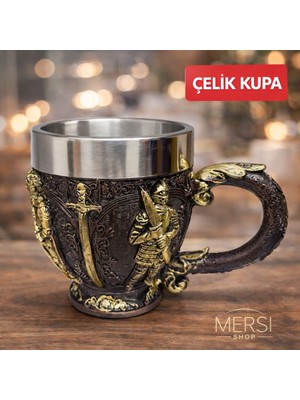 Mersi Shop Şövalye Kabartmalı 3D Paslanmaz Çelik Kupa Bardak Orta Çağ Temalı Dekoratif Kupa