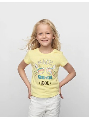 Almira Anne Bebek Gözlüklü Baskılı Tropikal Desen Kısa Kollu Kız Çocuk T - Shirt - Mor, 3 - 4 Yaş