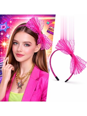 Nuveden 80’ler 90’lar Neon Pembe Dantel Taç Fiyonklu DIE-RSTG34