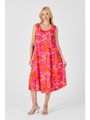 Bacc Turuncu U Yaka Kolsuz Asimetrik Kesim Midi Boy Elbise BCVL-254017