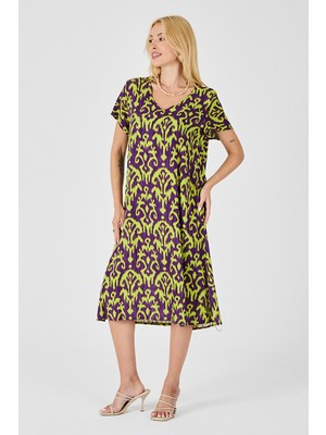 Bacc Mor Desenli V Yaka Midi Boy Elbise BCVL-254014