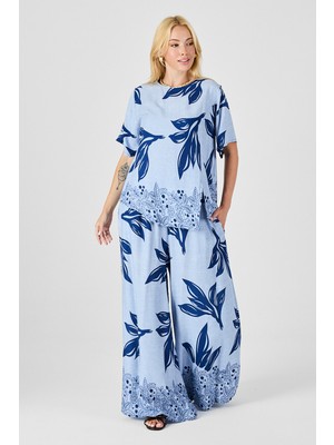 Bacc Buz Mavi Yaprak Desenli Oversize Bluz ve Bol Paça Pantolon Takım BCVL-254029