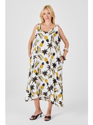 Bacc Ekru Askılı Boncuk Detaylı Çift Cepli Desenli Salaş Elbise BCVL-254027