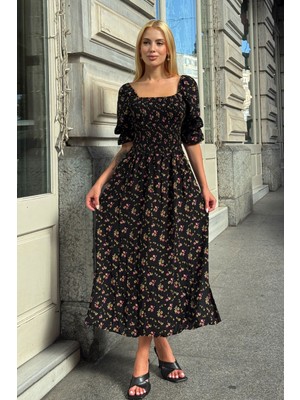 Bacc Siyah Kare Yaka Beli Gipeli Çiçek Desenli Dokuma Yazlık Elbise BCVL-25V095