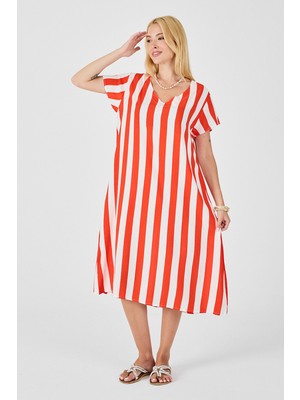 Bacc Mercan V Yaka Kısa Kollu Rahat Kesim Elbise BCVL-254003