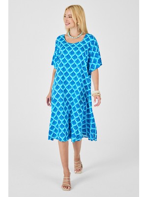 Bacc Bebe Mavi U Yaka Kısa Kollu Midi Boy Desenli Elbise BCVL-254010
