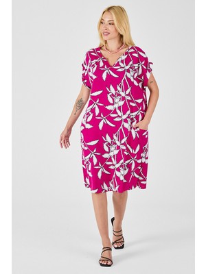 Bacc Fuşya Tropik Desenli V Yaka Oversize Midi Elbise BCVL-254021
