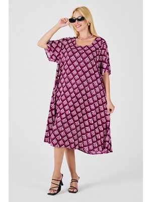 Bacc Fuşya U Yaka Kısa Kollu Midi Boy Desenli Elbise BCVL-254010
