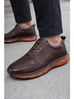 Zueofficial Hakiki Deri Kahverengi Erkek Sneaker