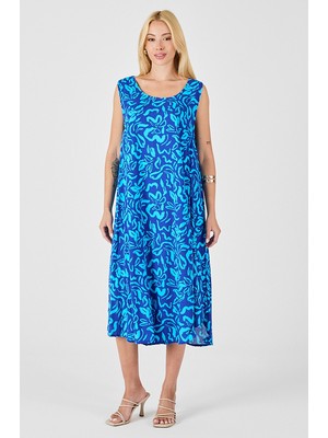 Bacc Mavi U Yaka Kolsuz Eteği Asimetrik Kesim Desenli Midi Boy Elbise BCVL-254016