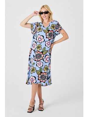Bacc Bebe Mavi Derin V Yaka Çiçek Desenli Midi Boy Elbise BCVL-254005