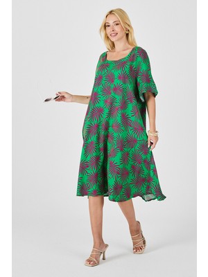 Bacc Yeşil Geniş Yaka Desenli Midi Boy Elbise BCVL-254009