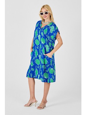 Bacc Mavi Deniz Kabuğu Desenli V Yaka Oversize Elbise BCVL-254022