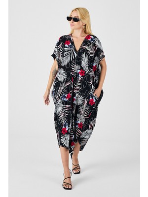 Bacc Siyah-Beyaz Desenli V Yaka Salaş Kesim Kaftan Elbise BCVL-254024