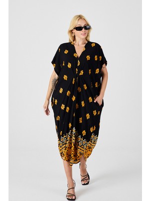 Bacc Sarı Desenli V Yaka Salaş Kesim Kaftan Elbise BCVL-254024