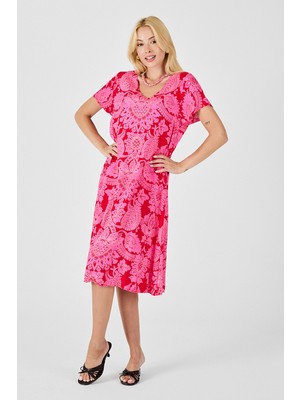 Bacc Fuşya Desenli V Yaka Kısa Kollu Midi Boy Elbise BCVL-254015