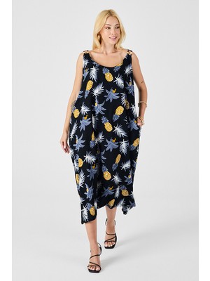 Bacc Sarı Askılı Boncuk Detaylı Çift Cepli Desenli Salaş Elbise BCVL-254027