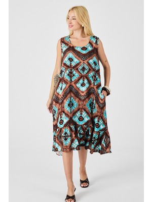 Bacc Mix Oval Yaka Çift Cepli Volanlı Kolsuz Midi Elbise BCVL-254026