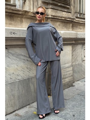 Bacc Antrasit Düşük Yaka Rahat Kesim Yumuşak Dokulu Bluz ve Pantolon Alt Üst Takım BCVL-25V234