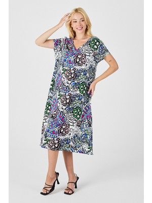 Bacc Yeşil Çiçekli V Yaka Kısa Kollu Midi Boy Desenli Elbise BCVL-254006