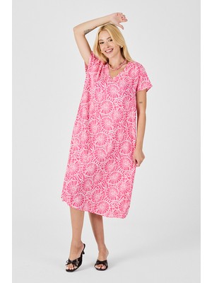 Bacc Pembe Derin V Yaka Kısa Kollu Çizgi Desenli Midi Boy Elbise BCVL-254004