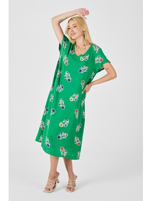 Bacc Yeşil Desenli Derin V Yaka Midi Boy Elbise BCVL-254008