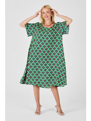Bacc Yeşil U Yaka Kısa Kollu Midi Boy Desenli Elbise BCVL-254010