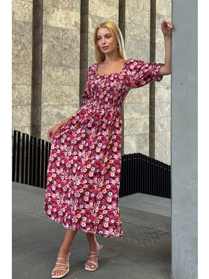 Bacc Fuşya Kare Yaka Beli Gipeli Çiçek Desenli Dokuma Yazlık Elbise BCVL-25V095