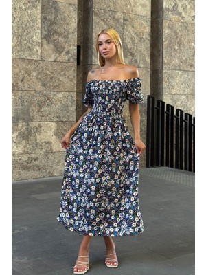 Bacc Mix Kare Yaka Beli Gipeli Çiçek Desenli Dokuma Yazlık Elbise BCVL-25V095